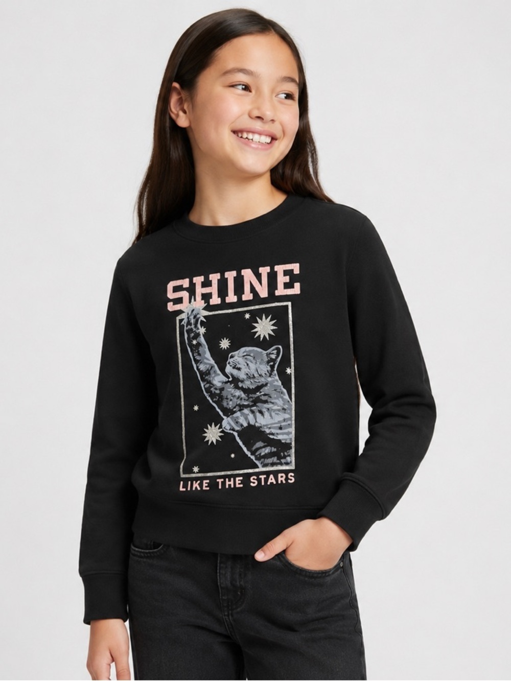GAP Kids “Shine Like The Stars” Cat Graphic Sweatshirt Black Size 14